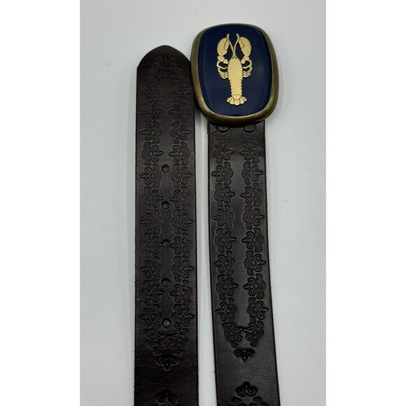 Allison Daniel Designs Brown Tooled Leather Belt Navy Gold Lobster Buckle Sz 38 - Picture 3 of 8